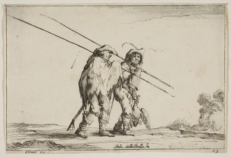 Two pikemen walking towards the right, each with their pikes in their right hands, plate 13 from "Various Figures" (Agréable diversité de figures) Wall Art by Stefano della Bella - High-Resolution Digital Print