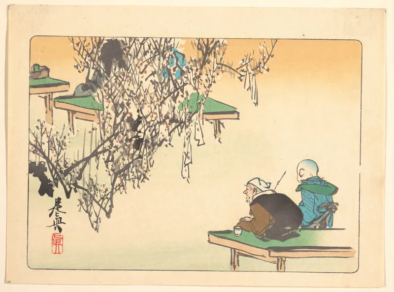 Two Pilgrims Gazing at a Tree Festooned with Prayers