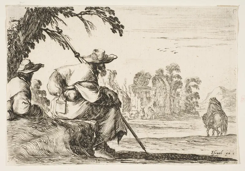 Two pilgrims with hats rest to the left, seen from behind, a horseman rides towards the background to the right, plate 5 from "Various Figures" (Agréable diversité de figures) Wall Art by Stefano della Bella - High-Resolution Digital Print