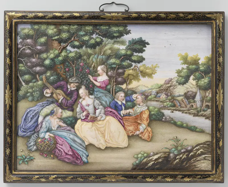 Two plaques depicting European fêtes champêtres Wall Art by anonymous - High-Resolution Digital Print