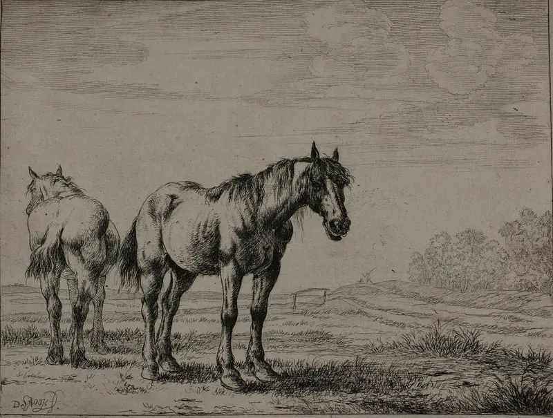 Two Plough Horses, plate seven from Series of Horses Wall Art by Dirck Stoop - High-Resolution Digital Print