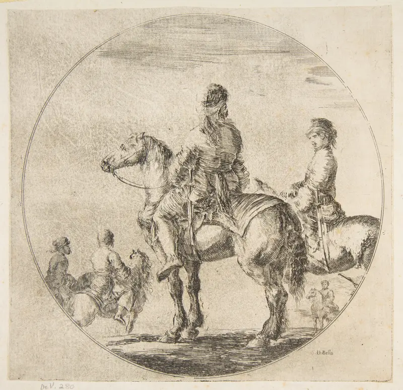 Two Polish horsemen with their horses facing left, from "Figures on Horseback" (Cavaliers nègres, polonais et hongrois) Wall Art by Stefano della Bella - High-Resolution Digital Print