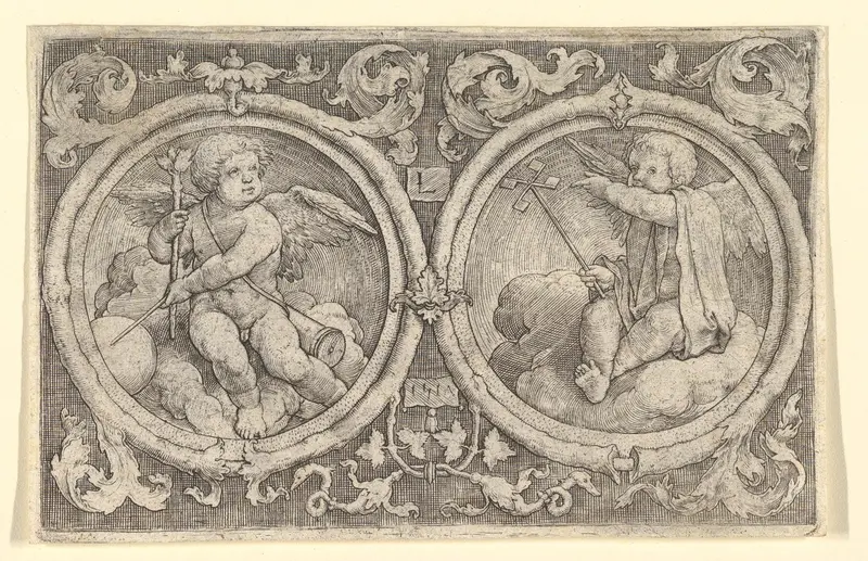 Two Putti Seated in Clouds in Circles with Tendrils