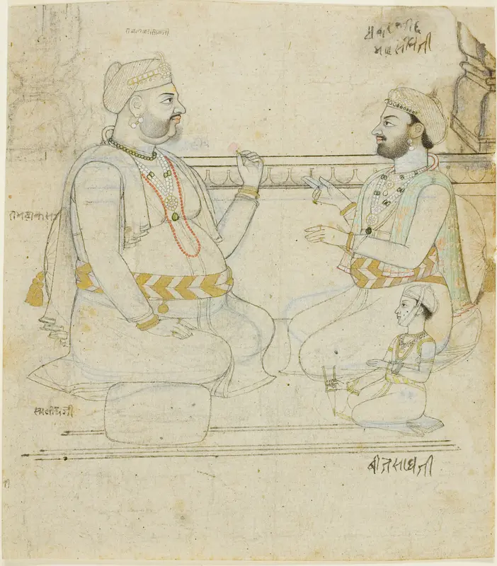 Two Rajput Noblemen with a Child Wall Art by Unknown - High-Resolution Digital Print