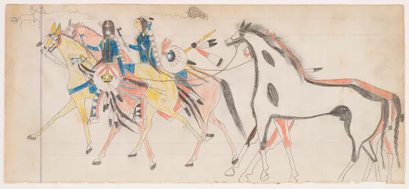 Two Riders Leading Horses (Henderson Ledger Artist B) Wall Art by Frank Henderson - High-Resolution Digital Print