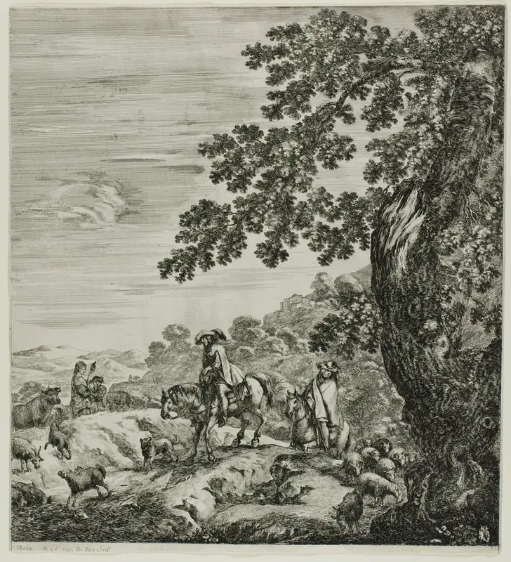 Two Riders Passing a Flock, plate five from The Six Large Views of Rome and the Campagna Wall Art by Stefano della Bella - High-Resolution Digital Print