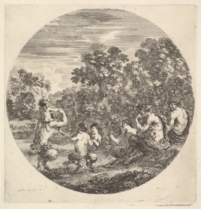 Two satyrs and a faun seated to right watching two child satyrs and another satyr with an child on his shoulders dance to left, from "Six Animal Subjects" (Six Sujets d'Animaux) Wall Art by Stefano della Bella - High-Resolution Digital Print