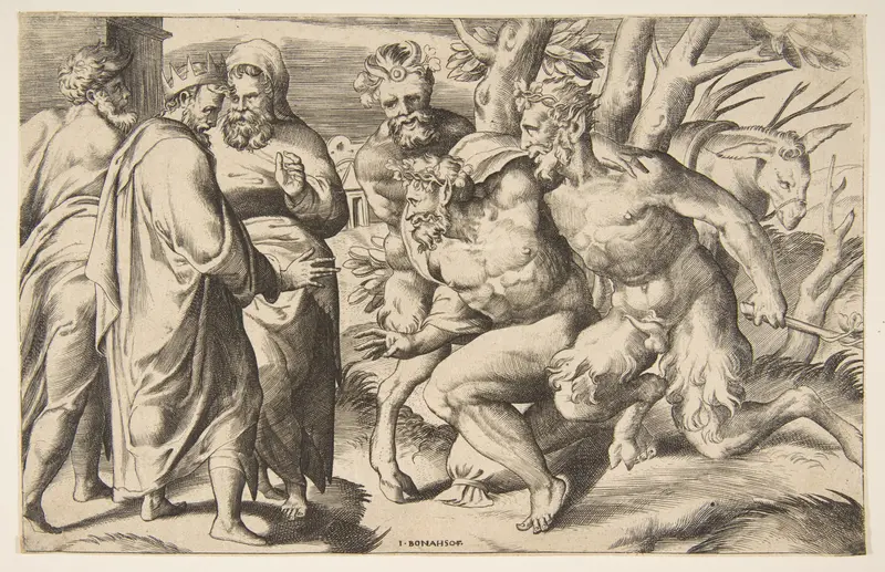 Two satyrs brining Silenus King Midas standing at the left Wall Art by Giulio Bonasone - High-Resolution Digital Print