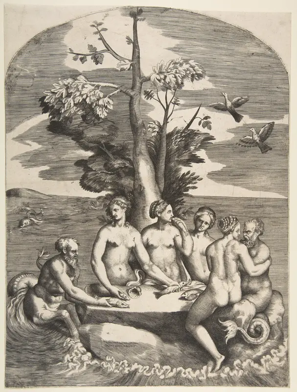 Two sea gods accompanied by four nymphs Wall Art by Giulio Bonasone - High-Resolution Digital Print
