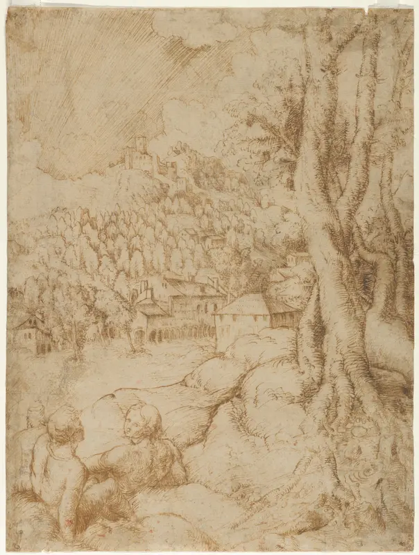 Two Seated Figures in a Landscape with Mountains and a Town (recto); Sketch of a Landscape with Mountains and Buildings (verso) Wall Art by Anonymous, Italian, Venetian, 16th century - High-Resolution Digital Print