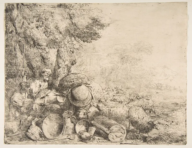 Two shepherds, a donkey and other animals in a landscape Wall Art by Giovanni Benedetto Castiglione (Il Grechetto) - High-Resolution Digital Print