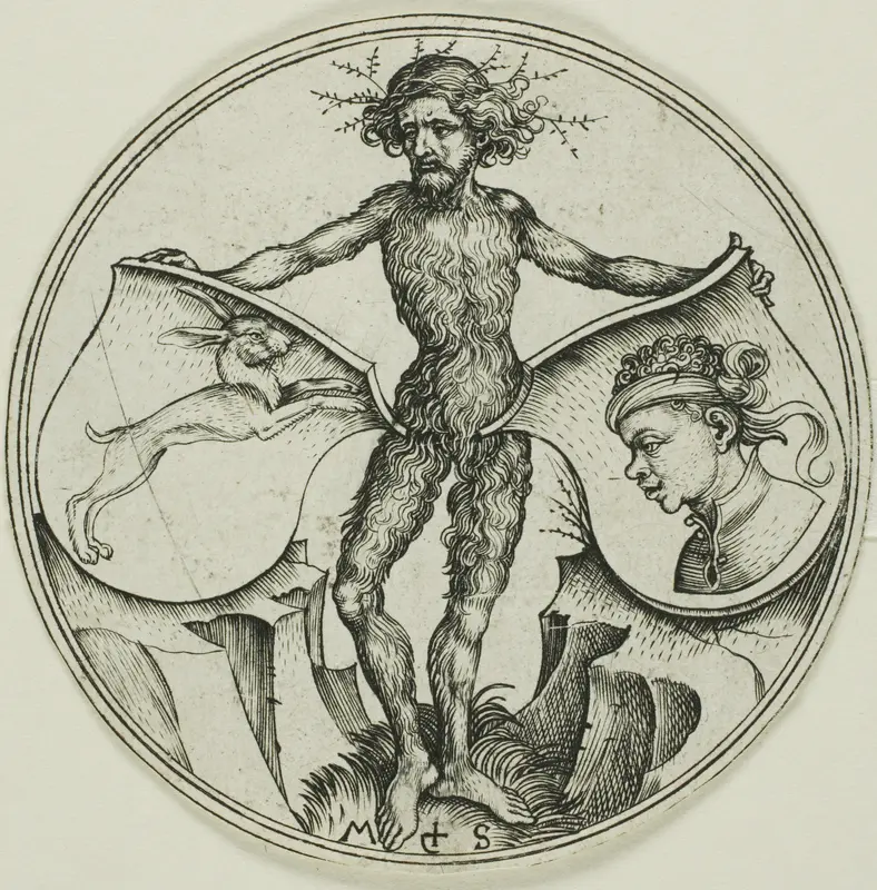Two Shields with a Hare and a Moor's Head, Held by a Wild Man Wall Art by Martin Schongauer - High-Resolution Digital Print