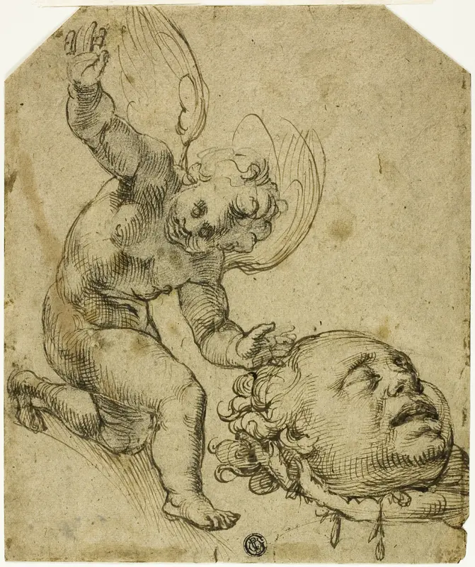 Two Sketches: Kneeling Putto Holding a Head (recto) Details of a Nude Male Child (verso) Wall Art by Bartolomeo Passarotti - High-Resolution Digital Print