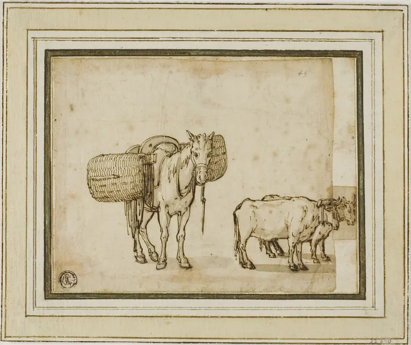 Two Sketches: Mule Carrying Baskets, Pair of Yoked Oxen Wall Art by Cornelis de Wael - High-Resolution Digital Print
