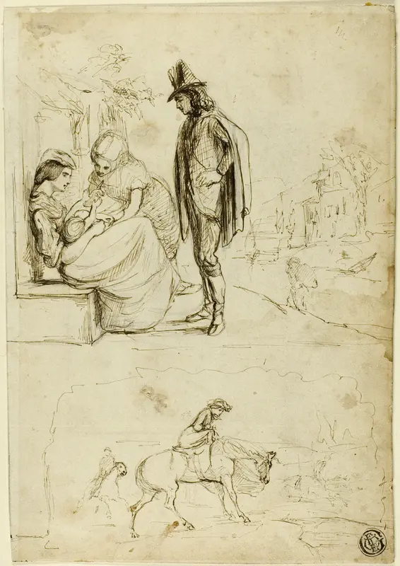 Two Sketches: Two Women and Baby with Man Looking On Wall Art by George Du Maurier - High-Resolution Digital Print