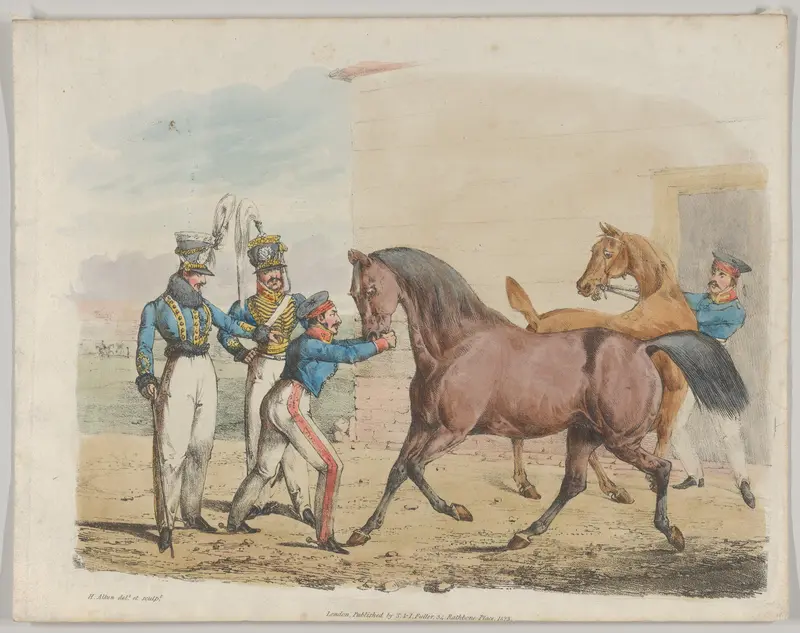Two Soldiers of a Cavalry Unit, with Horses and Grooms Wall Art by Henry Thomas Alken - High-Resolution Digital Print