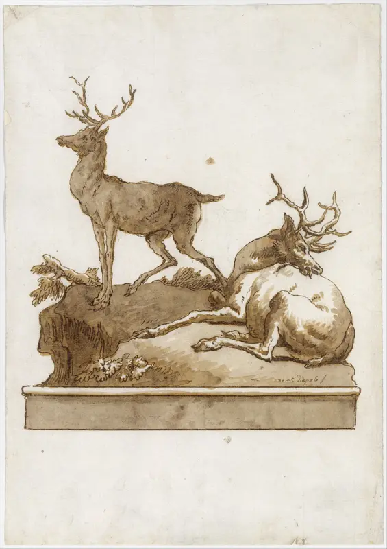 Two Stags, One Standing and One Lying, on a Grassy Knoll (with a Base) Wall Art by Giovanni Domenico Tiepolo - High-Resolution Digital Print