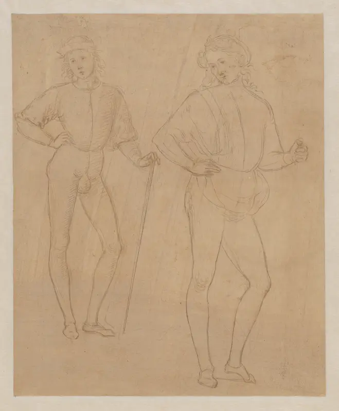 Two Studies of a Standing Youth in Quattrocento Clothing (recto); a cardinal's hat on a fragmentary coat of arms with a griffin (the arms of the city of Perugia) (verso) Wall Art by Perugino (Pietro di Cristoforo Vannucci) - High-Resolution Digital Print