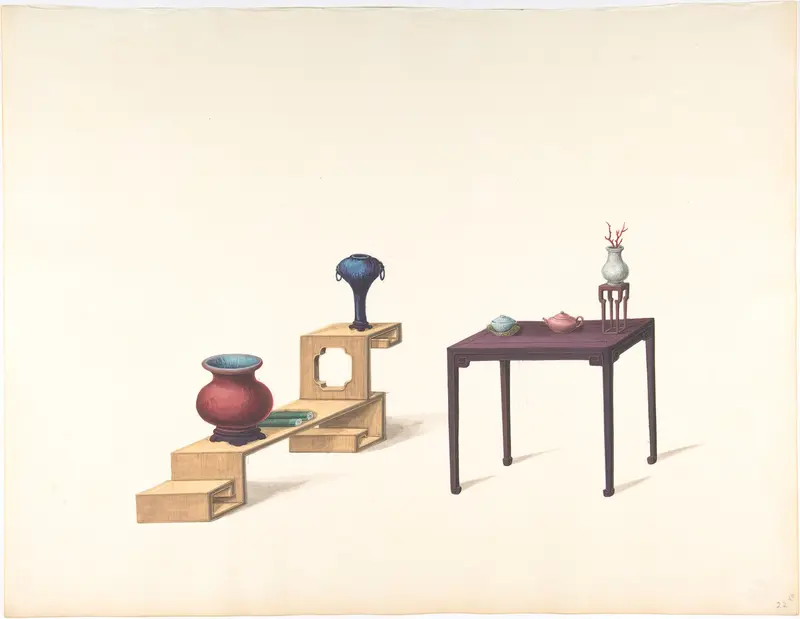 Two Tables, One Blond the Other Purple Lacquer, both with Vases and Objects Wall Art by Anonymous, Chinese, 19th century - High-Resolution Digital Print
