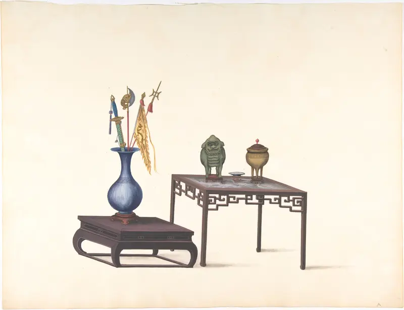 Two Tables, One Low with Large Vase and Objects, One Higher with Covered Pot, Lion and Small Bowl Wall Art by Anonymous, Chinese, 19th century - High-Resolution Digital Print