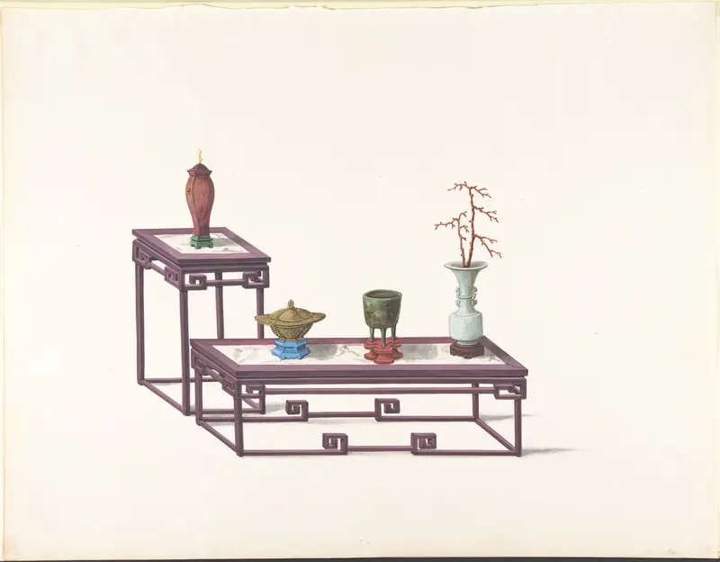 Two Tables with a Purple Finish, One with a Red Vase, the Other with Three Vases Wall Art by Anonymous, Chinese, 19th century - High-Resolution Digital Print