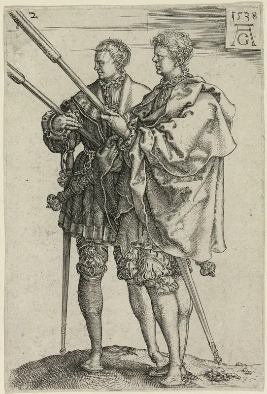 Two Torch-Bearers, plate two from The Large Wedding-Dancers Wall Art by Heinrich Aldegrever - High-Resolution Digital Print