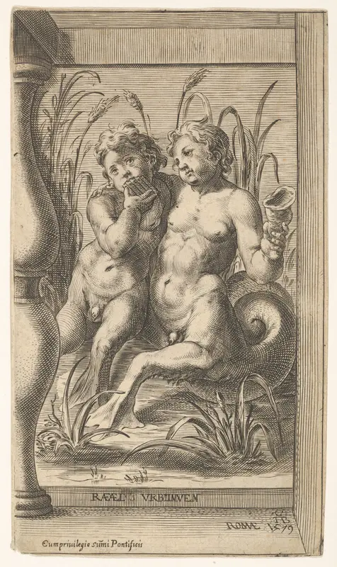 Two tritons embracing, one playing a panpipe, the second holding a conch shell set within a recessed space Wall Art by Cherubino Alberti (Zaccaria Mattia) - High-Resolution Digital Print