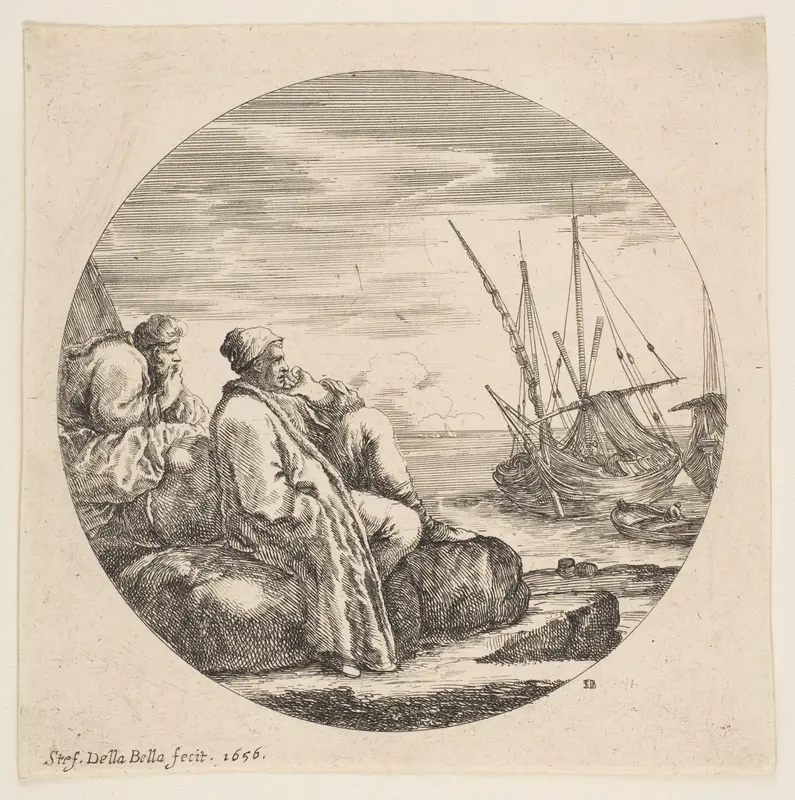 Two Turkish Merchants in a Port, from "Landscapes and seaports" (Paysages et ports de mer, dans des ronds) Wall Art by Stefano della Bella - High-Resolution Digital Print