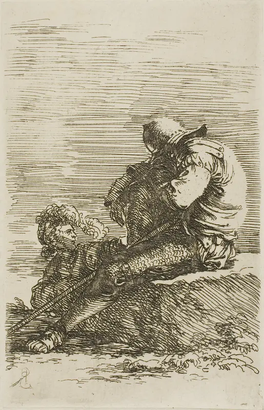 Two warriors, one seated asleep on a foreground rock, from Figurine series Wall Art by Salvator Rosa - High-Resolution Digital Print