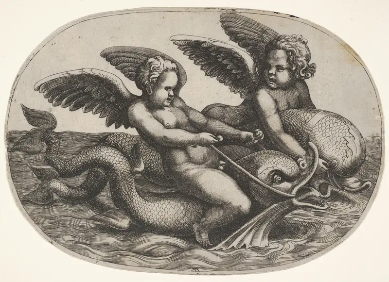 Two winged putti riding parallel on dolphins above the water surface, an oval composition Wall Art by Adamo (Ghisi) Scultori - High-Resolution Digital Print
