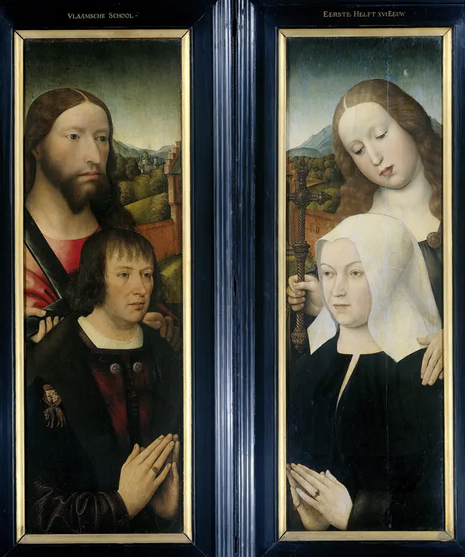 Two Wings of a Triptych with the Donor, Thomas Isaacq, accompanied by Saint Thomas (left, outer wing), and the Donor's Wife accompanied by Saint Margaret (right, outer wing) Wall Art by Master of the Magdalen Legend - High-Resolution Digital Print