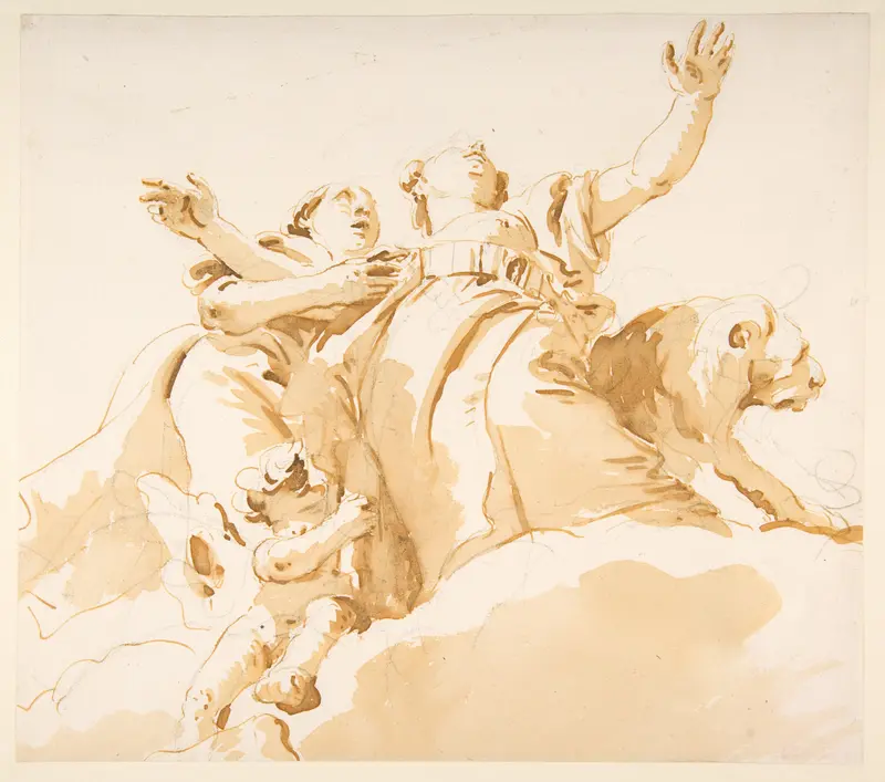 Two Women, a Lion, and a Putto on Clouds Wall Art by Giovanni Battista Tiepolo - High-Resolution Digital Print