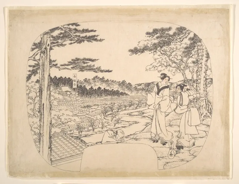 Two Women Admiring the Sights from a Vantage Point Overlooking the Zenpukuji Temple Wall Art by Utagawa (Gountei) Sadahide - High-Resolution Digital Print