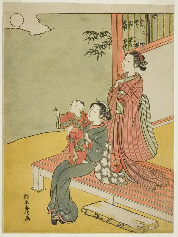 Two Women and a Child Viewing the Full Moon Wall Art by Suzuki Harunobu - High-Resolution Digital Print