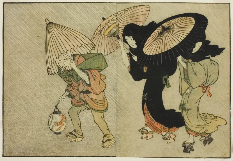 Two Women and Attendant Caught in a Storm, from the illustrated book "Picture Book: Flowers of the Four Seasons (Ehon shiki no hana)," vol. 2