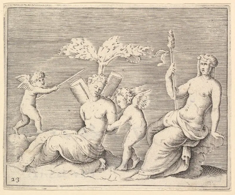 Two Women and Two Cupids, from "Ex Antiquis Cameorum et Gemmae Delineata/ Liber Secundus/et ab Enea Vico Parmen Incis" Wall Art by Anonymous, Italian, 16th century - High-Resolution Digital Print