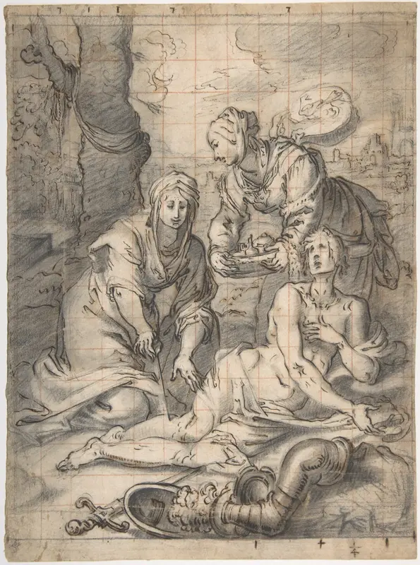 Two Women Annointing the Wounds of Saint Sebastian (recto); Study of a Nude Male Figure (verso) Wall Art by Giovanni Biliverti - High-Resolution Digital Print