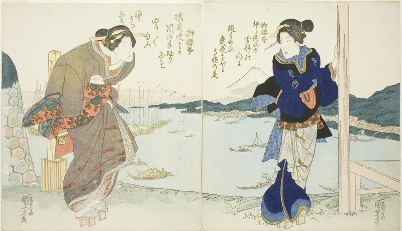Two women by a tea house in Takanawa