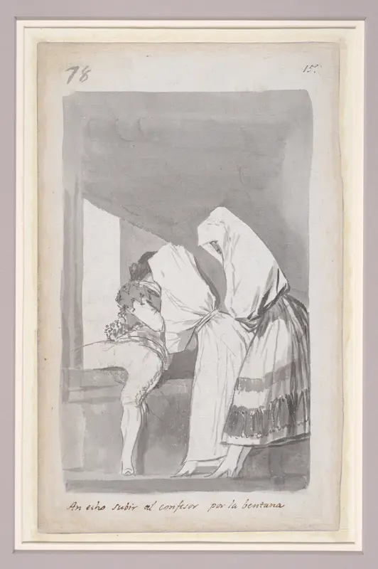 Two women helping a confessor to climb through a window; folio 78 (verso) from the Madrid Album "B"