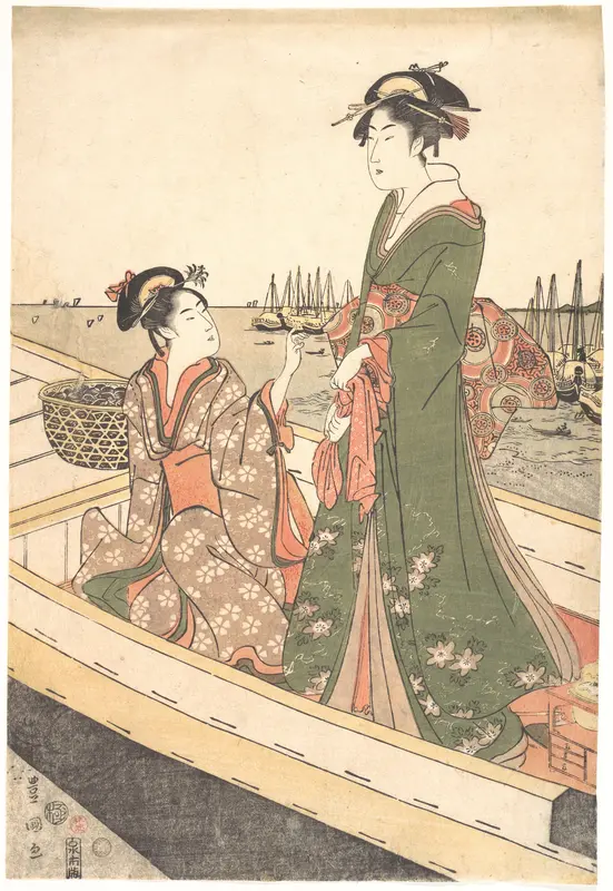 Two Women in a Boat; One  Holding a Basket of Mussels