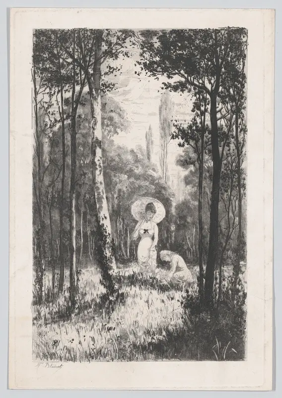 Two women in a clearing in the woods, one holding a parasol, the other seated in the grass Wall Art by Marcel Blairat - High-Resolution Digital Print