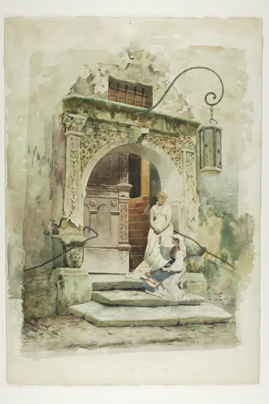Two Women in a Doorway Wall Art by Lawrence Carmichael Earle - High-Resolution Digital Print