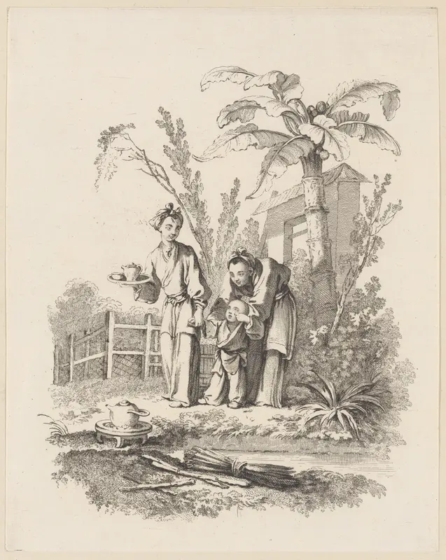 Two Women Leading a Child toward a Teapot on a Table near a Pond Wall Art by Gabriel Huquier - High-Resolution Digital Print