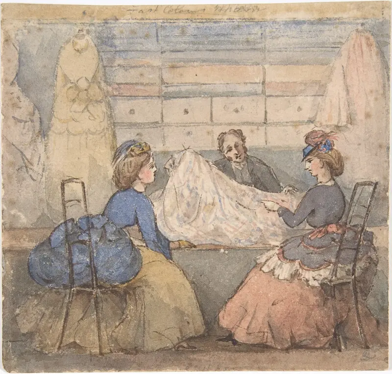 Two Women Looking at Fabric in a Shop Wall Art by Anonymous, British, 19th century - High-Resolution Digital Print