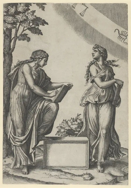 Two women of the zodiac standing beneath the signs of Libra and Scorpio
