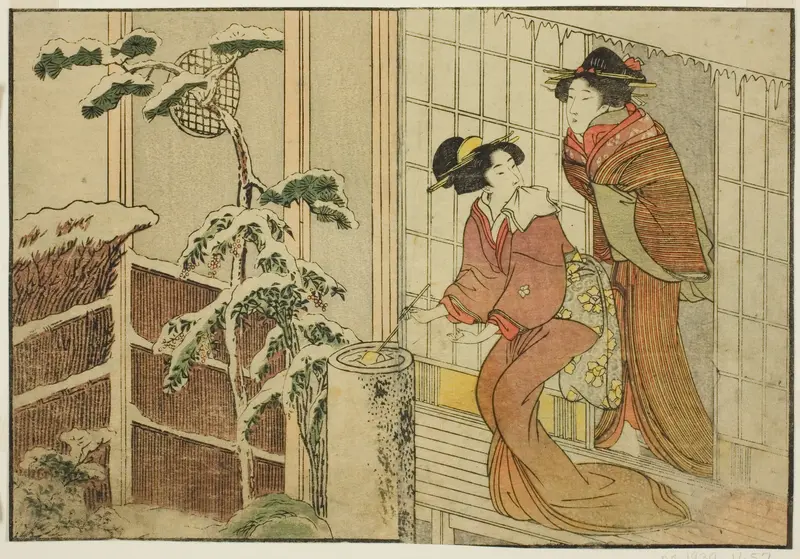 Two Women on Verandah on a Snowy Morning, from the illustrated book "Picture Book: Flowers of the Four Seasons (Ehon shiki no hana)," vol. 2