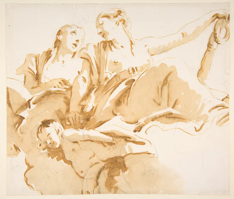 Two Women, One Holding an Anchor, and a Putto on Clouds Wall Art by Giovanni Battista Tiepolo - High-Resolution Digital Print