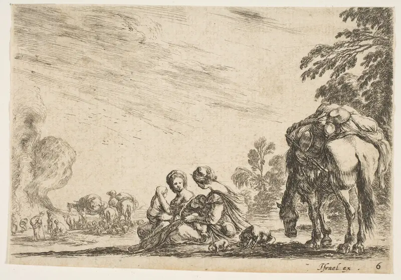 Two women, one nursing a child, seated next to a dog and a horse carrying a pack, horses and figures to left in the background, plate 6 from "Various Figures" (Agréable diversité de figures) Wall Art by Stefano della Bella - High-Resolution Digital Print
