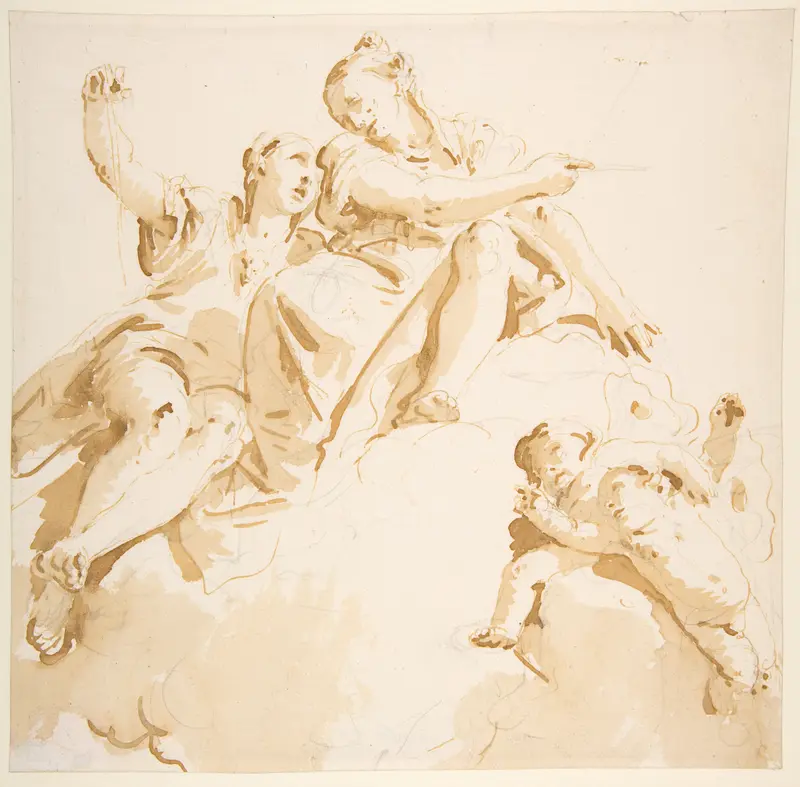 Two Women Seated on a Cloud, and Two Putti Wall Art by Giovanni Battista Tiepolo - High-Resolution Digital Print