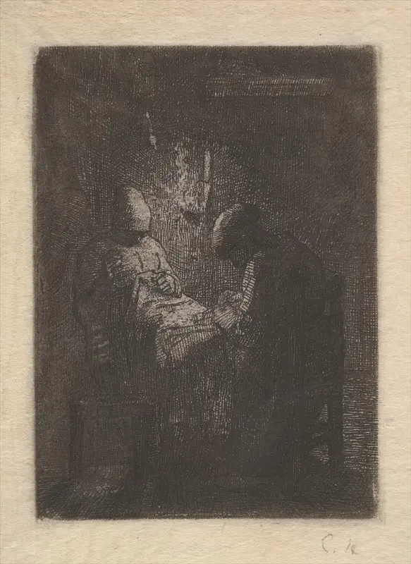 Two Women Sewing by Lamplight Wall Art by Jean-François Millet - High-Resolution Digital Print